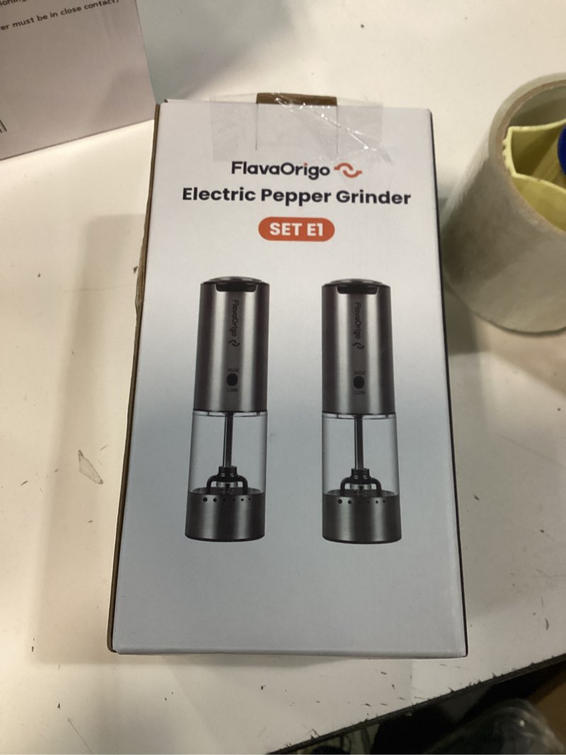 Condition photo showing New/Like New for usb-c rechargeable electric salt & pepper grinder set - external adjustable coarseness (6 settings), large capacity, dual-speed control, one-hand, led, stainless steel (2 pack)