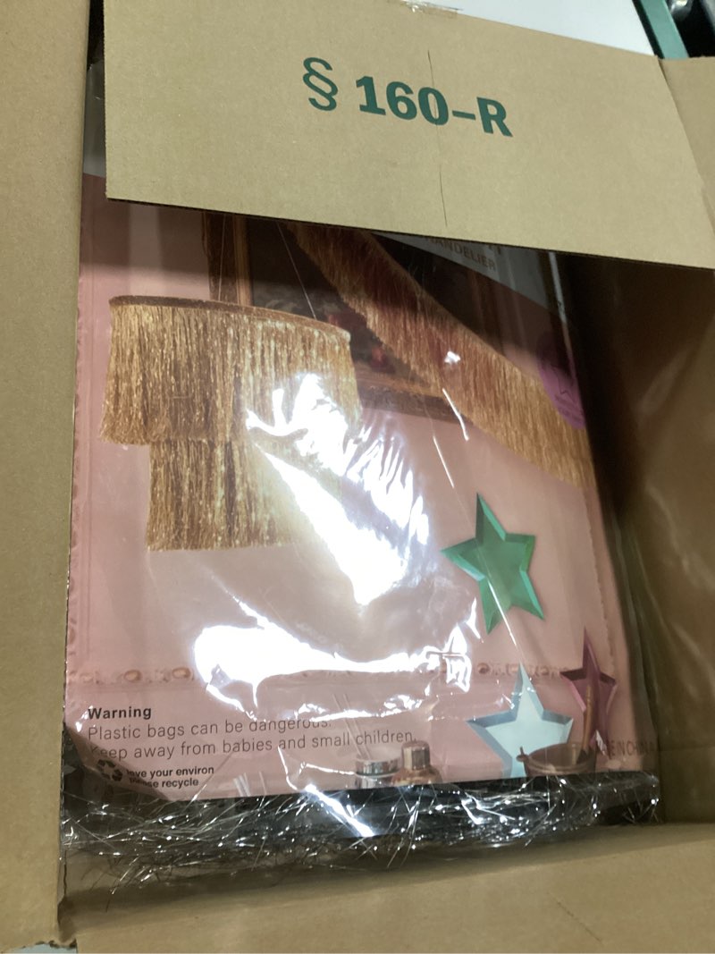 Condition photo showing New/Like New for 2 Pcs 2 Tier Fringe Tinsel Chandelier Iridescent Foil Party Disco Ball Decor Chandelier Decoration Metallic Foil Shimmering Bachelorette Party Decor Photo Booth Supplies(Gold) Gold 2