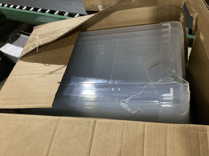 Condition photo showing As Is for IRIS USA 72 Qt Stackable Plastic Storage Bins with Lids, 6 Pack - BPA-Free, Made in USA - See-Through Organizing Solution, Latches, Durable Nestable Containers, Secure Pull Handle - Clear Clear 72 Qt 6 Pack