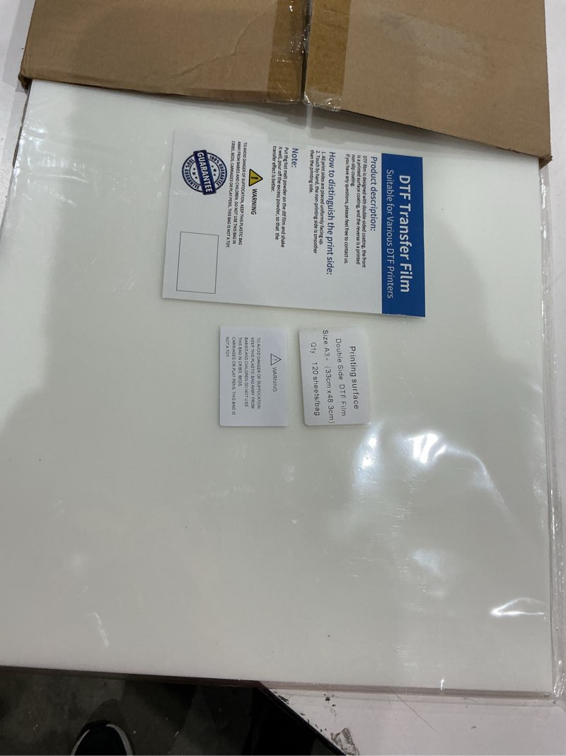 Condition photo showing Good Condition for jecqbor dtf transfer film 13x19 inch, 120 sheets a3+ plus double-sided matte clear pet paper, dtf paper for sublimation hack, direct print on for all fabric and colors t-shirts textile a3+13x19''-120 sheets matte