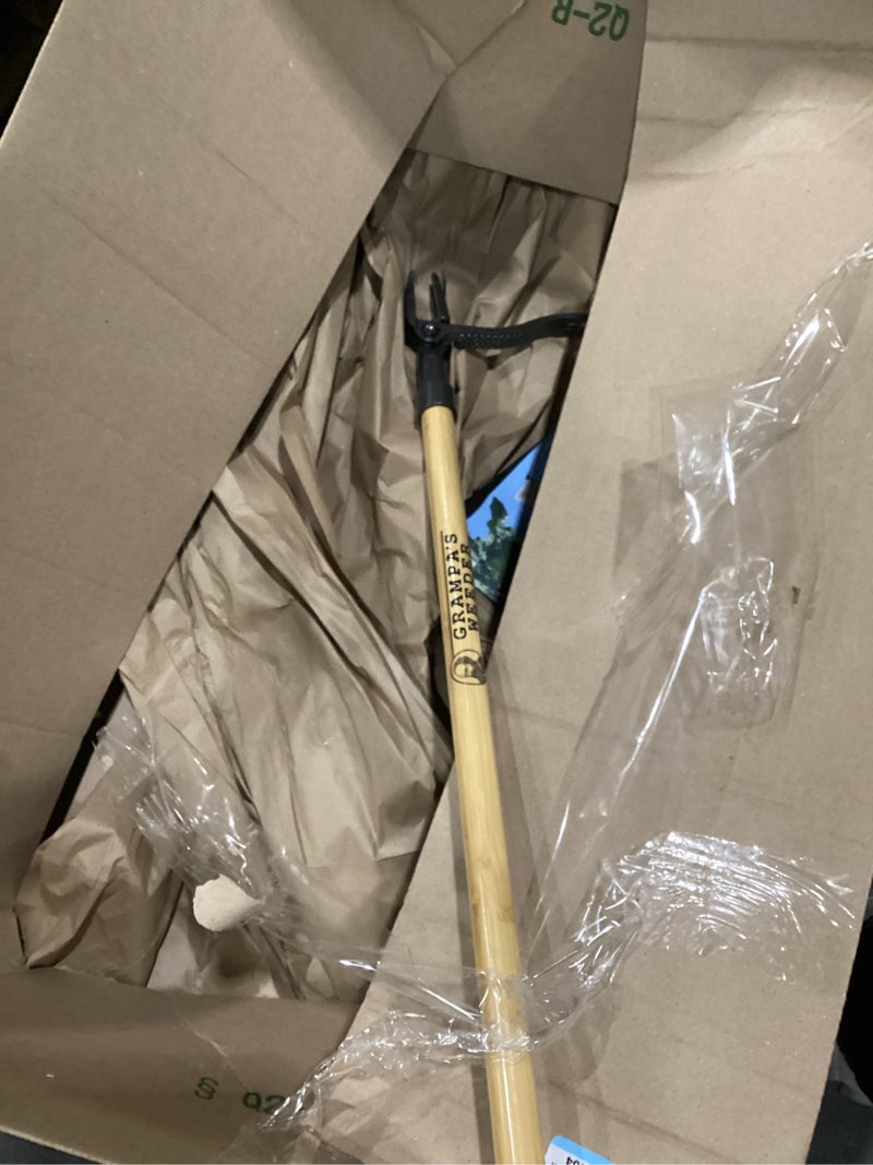 Condition photo showing As Is for grampa's weeder - the original stand up weed puller tool with long handle - made with real bamboo & 4-claw steel head design - easily remove weeds without bending, pulling, or kneeling.