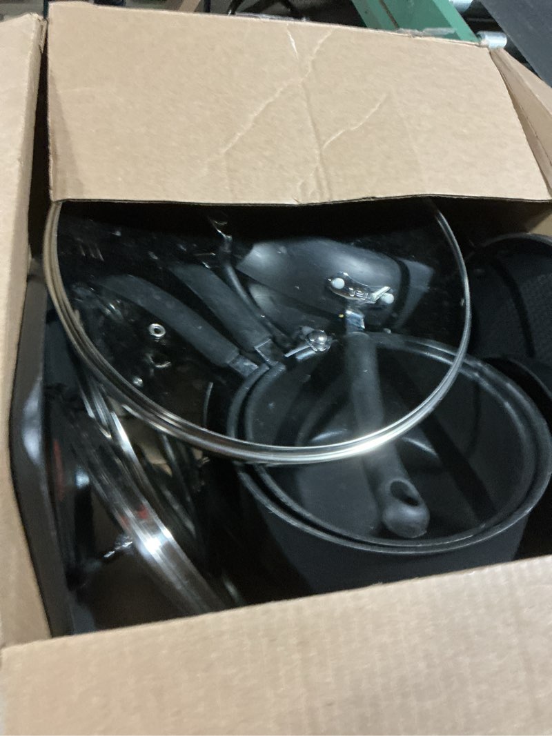 Condition photo showing As Is for T-Fal Ultimate Hard Anodized Nonstick Cookware Set 17 Piece, Nonstick Pots and Pans Set with Fry Pan, Saucepans, Saute-Pan, Griddle, Dishwasher Safe, Black Hard Anodized Nonstick 17-Piece