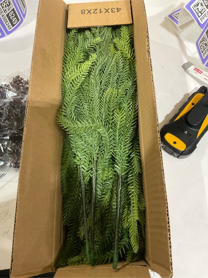 Condition photo showing Good Condition for 6 PCS Real Touch Christmas Norfolk Pine Stems Branches with 30PCS Pinecones, Soft Bendable Droopy Artificial Faux Pine Stems Picks Lifelike Greenery Stems for Vase Garland Wreath Table Home Decor 42