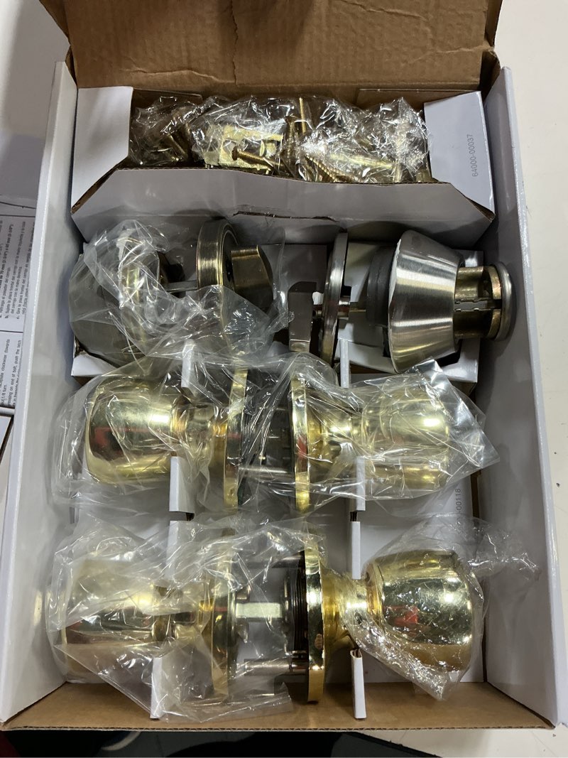 Condition photo showing As Is for hyper tough keyed entry tulip style doorknob and deadbolt double combo pack polished brass finish