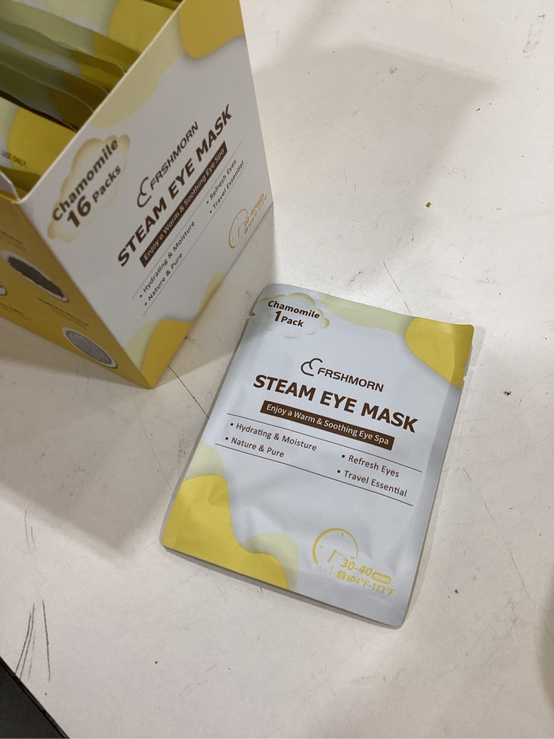 Condition photo showing New/Like New for 16packs steam eye mask, heated eye mask for sleeping, warm compress for eyes, self heating disposal steam mask for home sleep, office, spa, travel essentials mothers day gifts (chamomile) 16packs chamomile
