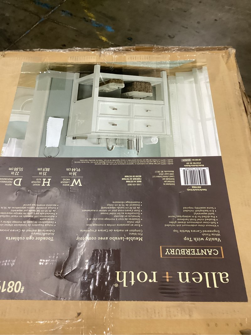 Condition photo showing As Is for scott living canterbury white single sink vanity with white/gray engineered cararra engineered stone top (common: 36-in x 22-in)