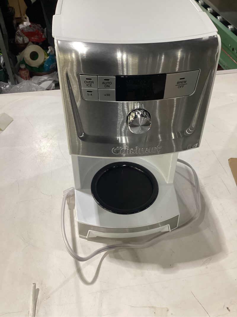 Condition photo showing As Is for **untested** (missing parts) cuisinart coffee maker, 14-cup perfectemp programmable coffee machine glass carafe with 1-4 cup setting, brew strength control, brew pause, and over ice function, white, dcc-3500w