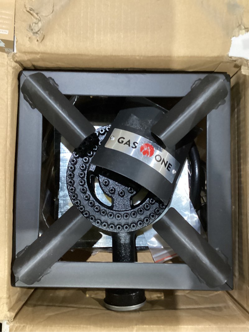 Condition photo showing As Is for GasOne High Pressure Single Propane Burner - Outdoor Cooking with Heat Shield and Guard – Propane Burner Head for Camping, Tailgating, Seafood Boil, Home Brewing - Patent Pending Black Single Burner