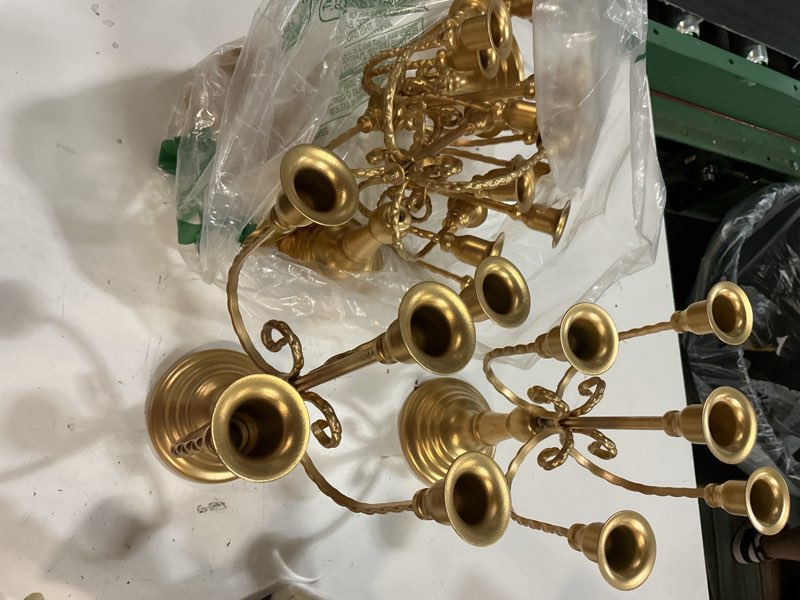 Condition photo showing As Is for romadedi candelabra gold candle holders - 5 arm 11.8" wedding candlestick holder for theme party table centerpiece decor dining room birthday holiday christmas, set of 6 6pcs gold-5 arm