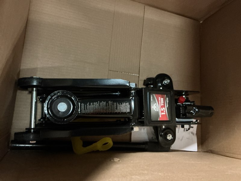 Condition photo showing As Is for floor jack 1.5 ton (3,000 lbs) hydraulic car jack, lifting range from 5.1 inch to 12.6 inch, fits sedans automotive black 1.5 ton black