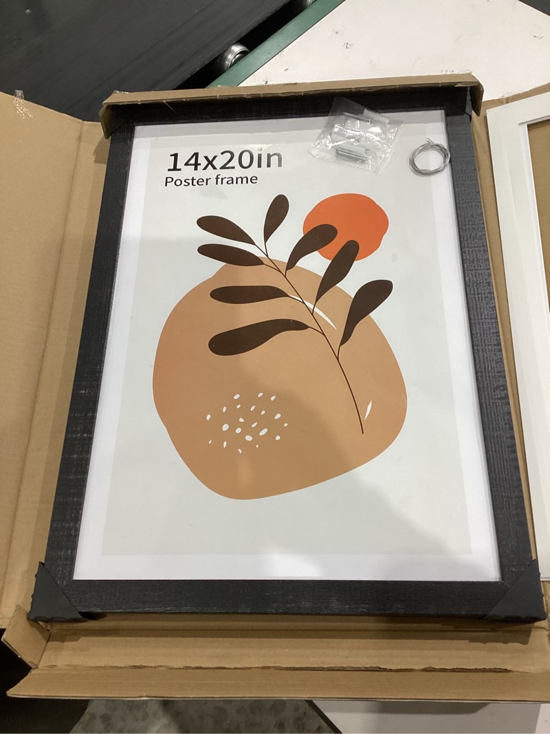 Condition photo showing Good Condition for 14x20 picture frame set of 2, rustic black wood style - display 14 x 20 picture without mat or 12x18 picture with mat, wall mounting horizontal and vertical rustic black 14x20 in