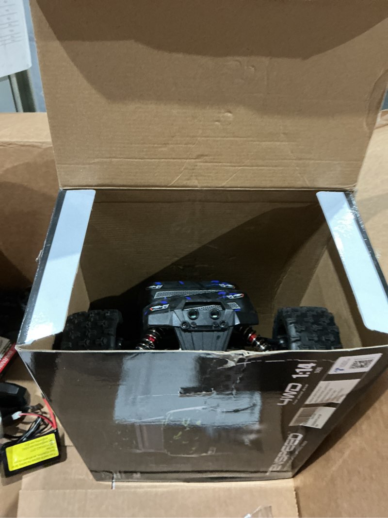 Condition photo showing As Is for 1:14 scale rc cars for adults, 60kph high speed rc truggy, 4x4 off-road remote control truck, waterproof electric car with 2s battery, all terrain rc vehicle for snow, sand, beach & rocky surfaces blue 1:14