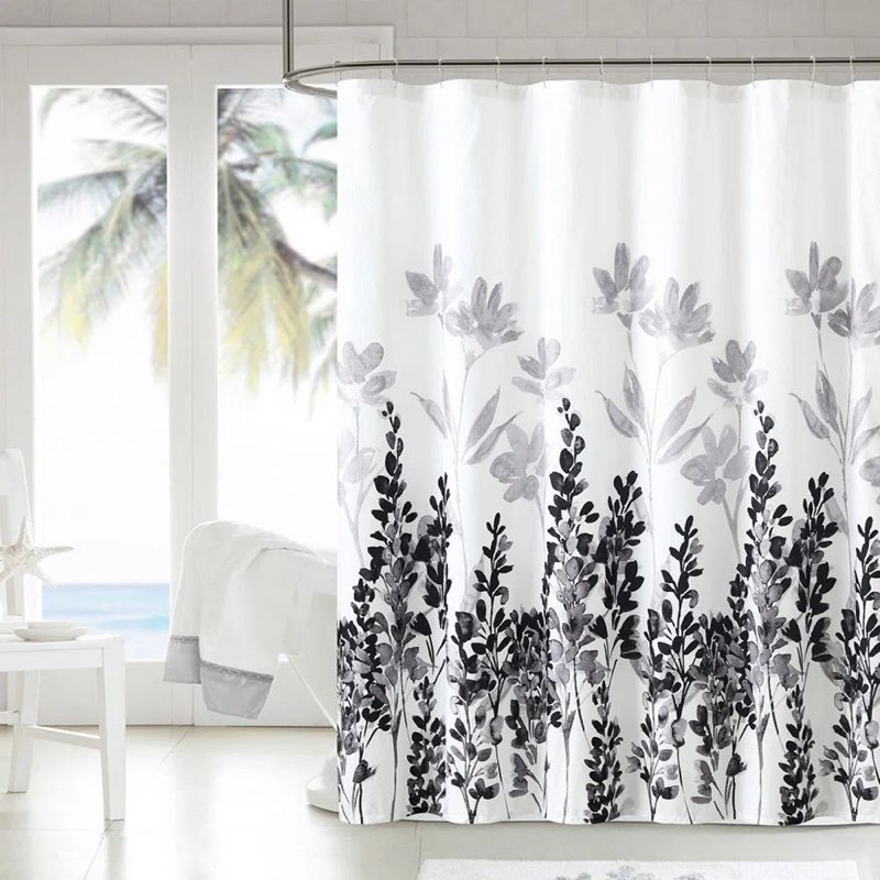 Adasia Floral Shower Curtain with Hooks Included black 72x72