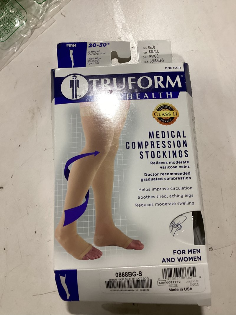 Condition photo showing Good Condition for Truform 20-30 mmHg Compression Stockings for Men and Women, Thigh High Length, Dot-Top, Open Toe, Beige, Small