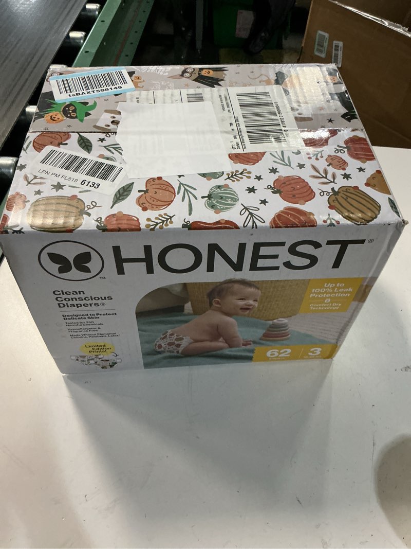 Condition photo showing New/Like New for the honest company comfort dry disposable diapers for sensitive skin, hypoallergenic, fragrance-free, fall '25 seasonal prints, club box, size 3 (16-28 lbs), 62 count size 3 (62 count) bum-kin patch + costume paw-ty