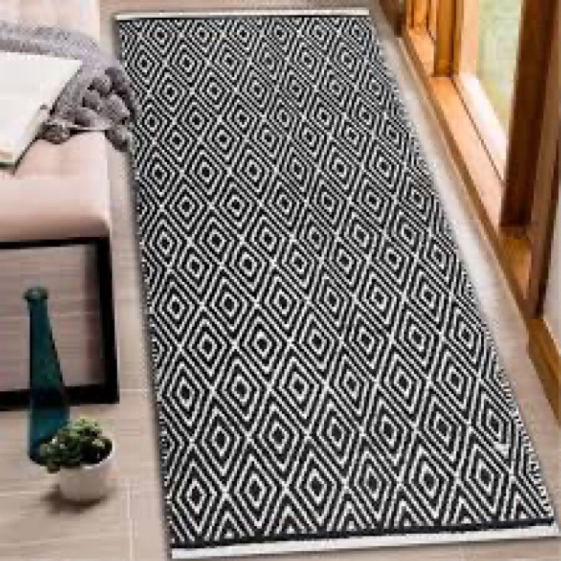 Siegrist geometric hand- woven flatweave cottom black - white bath rug