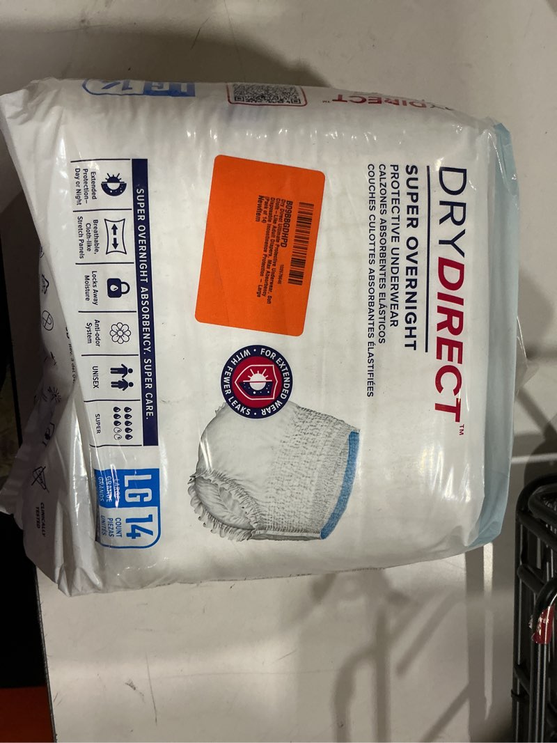 Condition photo showing New/Like New for dry direct ultimate protective underwear, soft cloth-like adult diapers, max absorbency disposable incontinence protection - large (pack of 14)