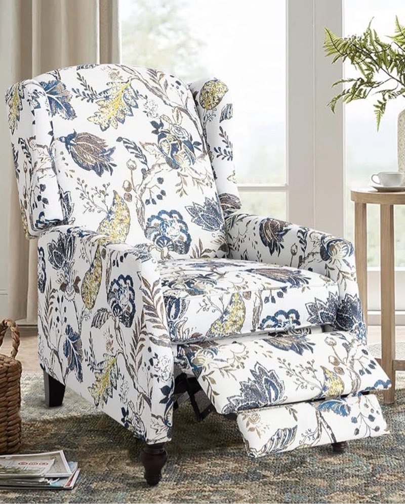 Upholstered Wingback Recliner Chair - Traditional Push Back Recliner Chair with Padded Seat, Fabric Floral Recliner Chair, Wingback Chair Small Recliners for Small Spaces