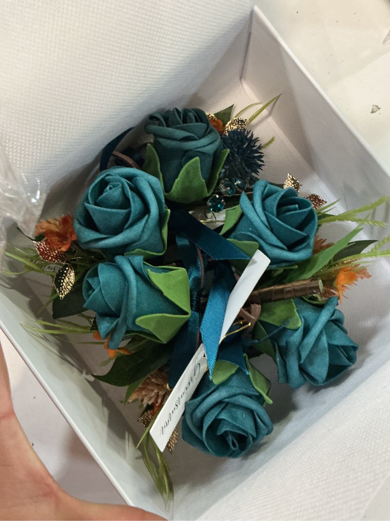 Condition photo showing New/Like New for ling's moment boutonniere for men, 6pcs groom groomsmen boutonniere, artificial flowers for wedding decor/prom/homecoming, etc.dark teal burnt orange or-dark teal & burnt orange
