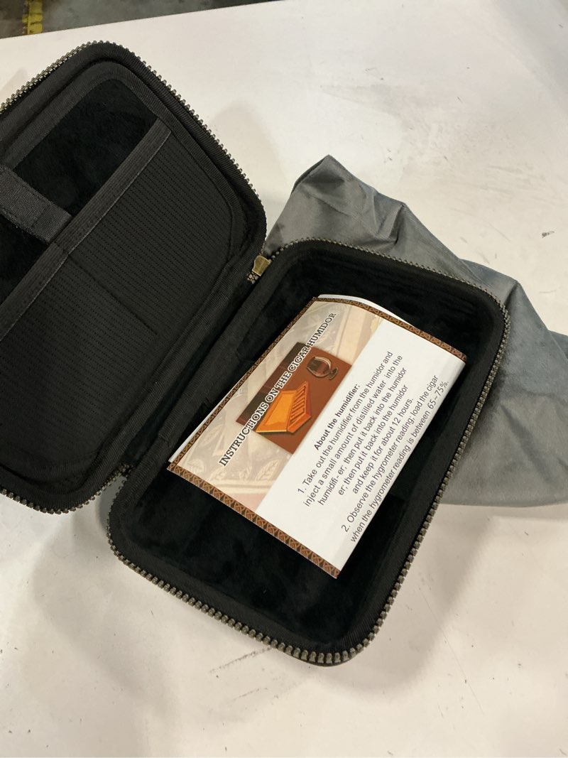 Condition photo showing Good Condition for Travel Cigar Humidor Case - Cedar Lined, V Cut Cutter, Portable Humidor with Humidifier & Hygrometer, Holds 7-9 Cigars, Includes Lighter - Gift Set Dark wood