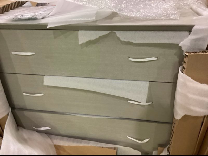 Condition photo showing New/Like New for ming 3-drawer chest, gray (missing hardware and legs)