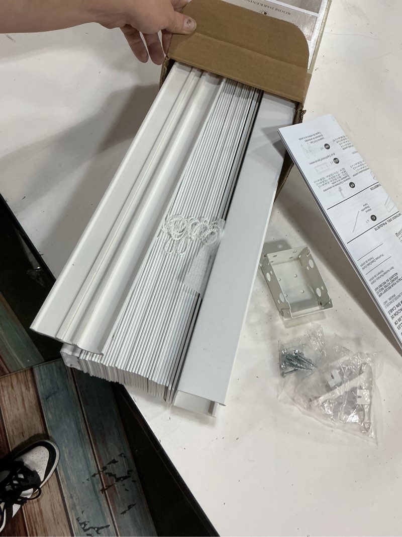 Condition photo showing As Is for allen + roth trim at home 2-in slat width 23-in x 64-in cordless white faux wood room darkening horizontal blinds