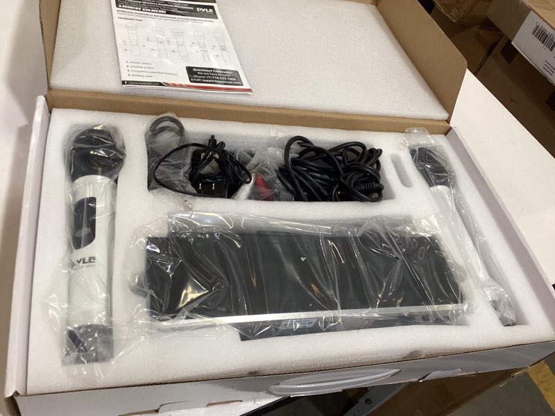 Condition photo showing Good Condition for pyle, uhf wireless microphone system, portable digital audio mixer, bluetooth, two handheld mics, receiver base, white, adjustable volume, complete set, dual channel, home karaoke, professional use