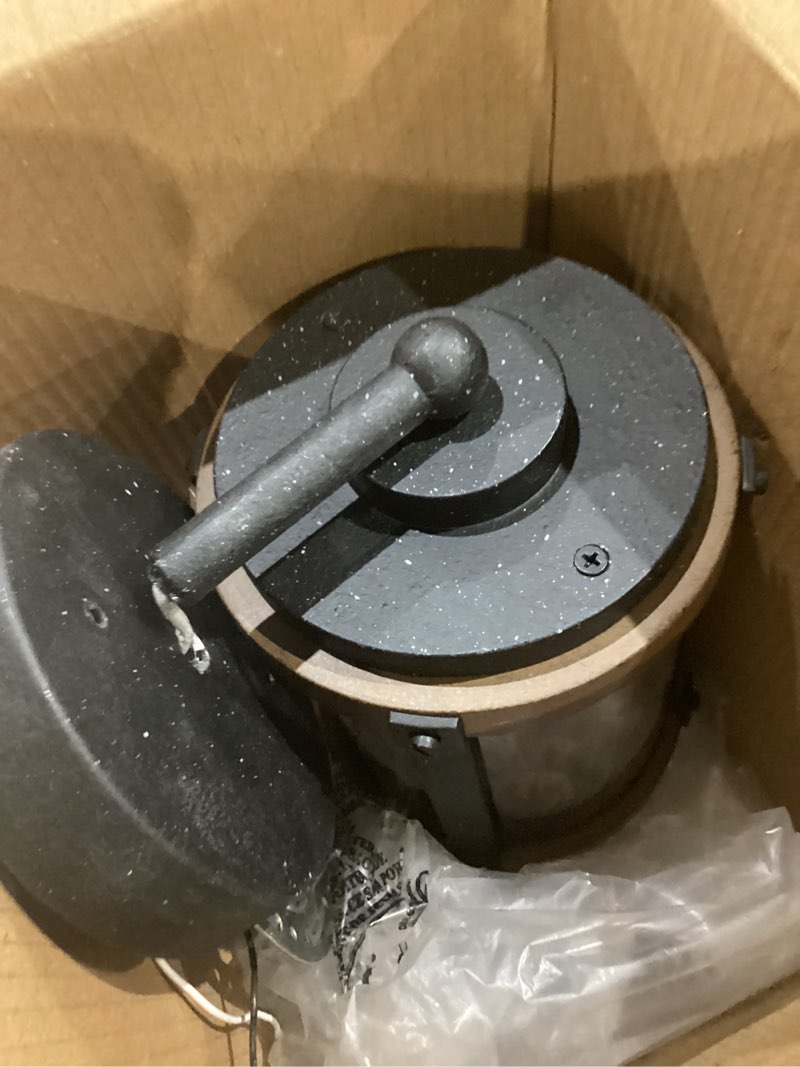 Condition photo showing As Is for kichler lighting barrington distressed black and wood outdoor wall light, 13" h