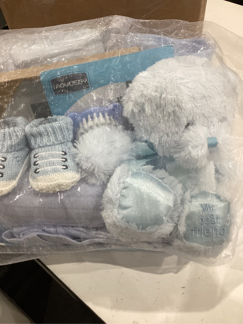 Condition photo showing Good Condition for baby boy gifts, baby shower gifts - newborn bear toys rattle blanket infant shoes onesie wooden keepsake babies registry gift essentials basket, unique new baby gift set for boys 0+ months bear baby gift set