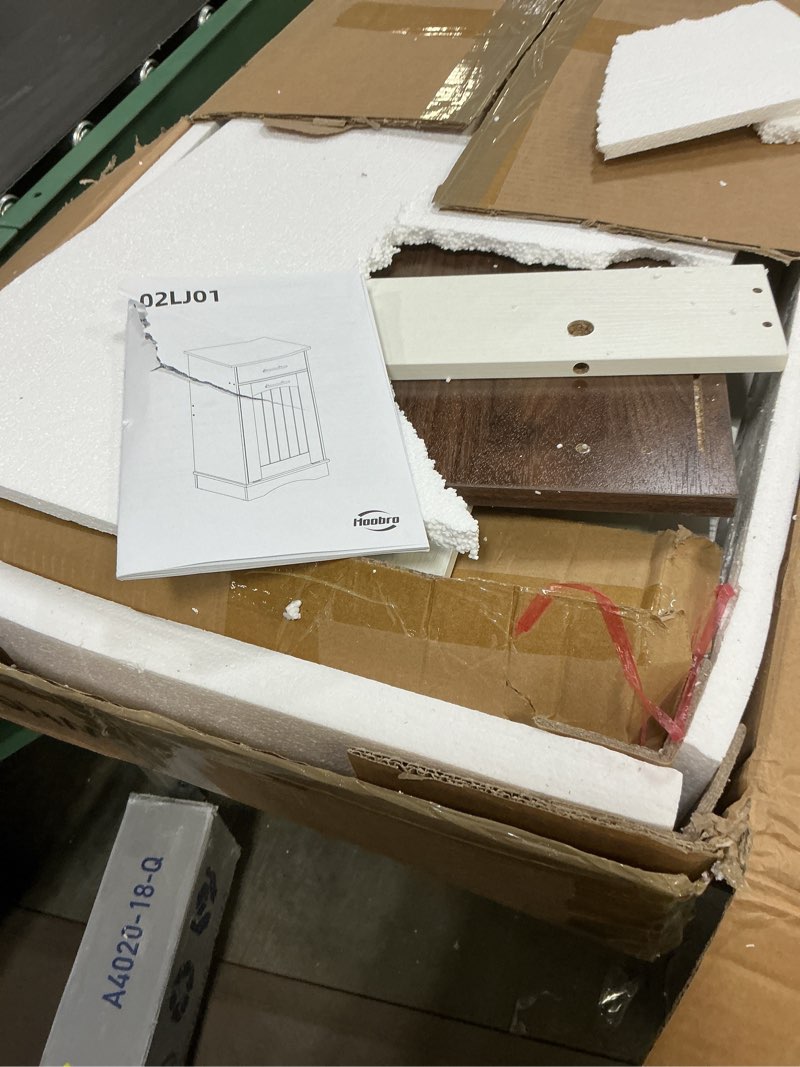 Condition photo showing As Is for tilt out trash cabinet, wooden free standing, recycling cabinet with hideaway drawer, farmhouse style, white, 10 gallon 10 gallon white