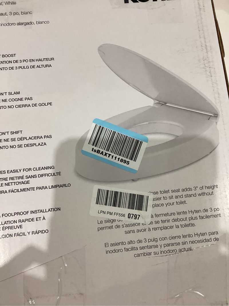 Condition photo showing New/Like New for KOHLER 25875-0 Hyten 3" Height, Elevated Soft Close Elongated Toilet Seat, Contoured Seat with Grip-Tight Bumpers, Quick-Attach Hardware, No Slam Toilet Seat, White White Elongated