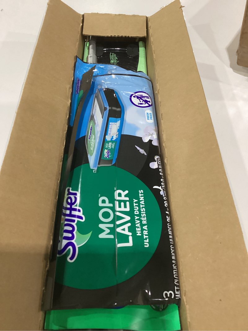 Condition photo showing Good Condition for swiffer sweep & mop deluxe 2-in-1 multi-surface kit for floor cleaning, includes 1 sweeper device, 5 dry sweeping + 6 wet mopping heavy duty cloths, black deluxe starter kit