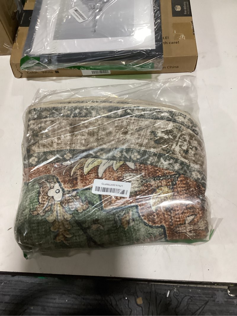 Condition photo showing Good Condition for releany area rugs round 4ft washable non-slip, floral vintage distress print pattern medallion carpet for living room bedroom dining room, brick red rust neutral brown burnt orange green brick/brown/green 4' (round)