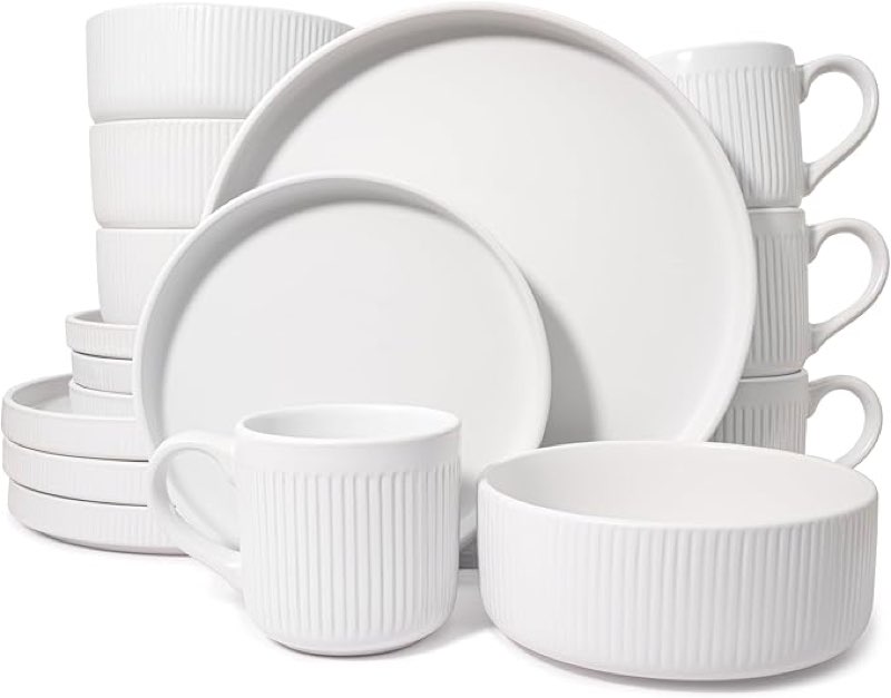 square house 16 piece dinnerware set key west - plates, bowls, and mugs set for 4 - chip and scratch grey