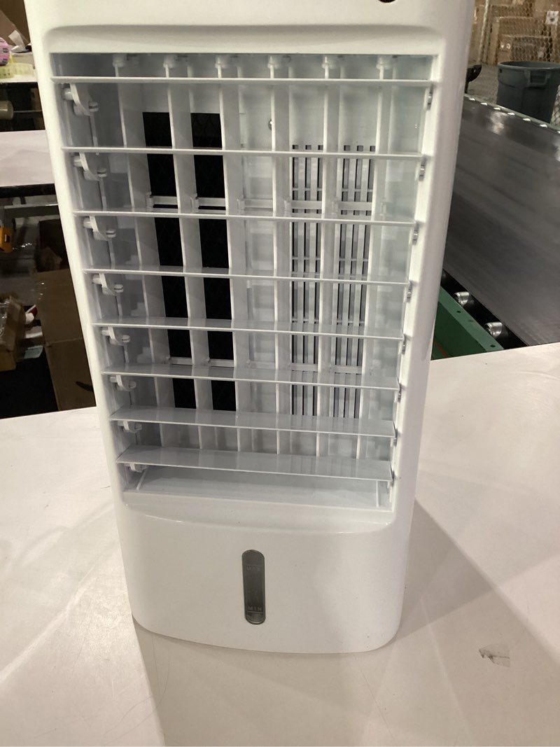 Condition photo showing As Is for **untested** *similar to stock* windowless portable air conditioner with remote, flowbreeze ventless ac unit ductless air cooler, hoseless quiet evaporative oscillating swamp cooler, 6 ice box for bedroom indoor outdoor office room white