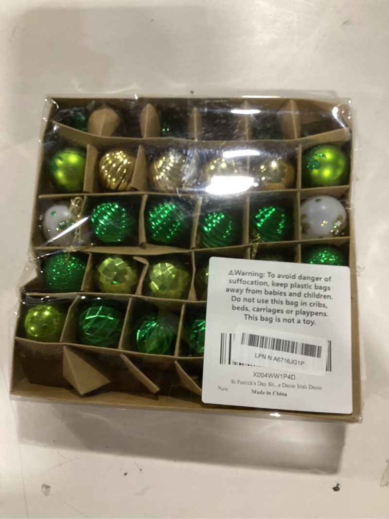 Condition photo showing Good Condition for St Patrick's Day Shamrocks Ball Ornament Set, 36Pcs Green Gold Good Luck Clover Decorative Hanging Ball Ornaments Trefoil Hanging Bauble for Tree Table Shelf Home Decor Irish Decor
