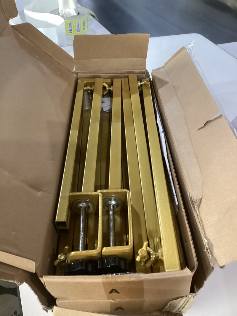 Condition photo showing As Is for over the table rod stand with clamps adjustable 13''-42'' tall 29"-98" length set of 2 gold table arch hanging for wedding birthday party halloween christmas decoration