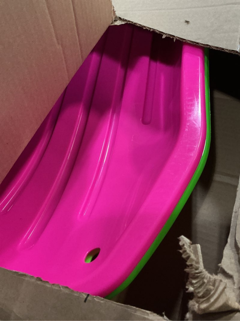 Condition photo showing Good Condition for Large Sturdy Snow Sleds for Both Kids and Adults,48” Lightweight and Fast Speed Toboggan Sled with Pull Rope and Handles,Plastic Cold-Resistant Snow Slides for Toddlers and Adult Rider Pink+Green 2 Pack
