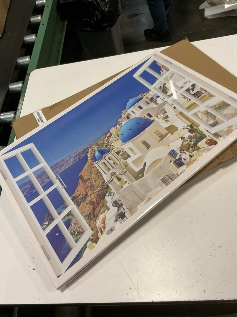 Condition photo showing New/Like New for blue white canvas wall art aegean painting greek islands landscape picture canvas print window view paintings santorini artwork giclee gallery wrap modern home art ready to hang, 16" wx24 h 24"l x 16"w artwork-31