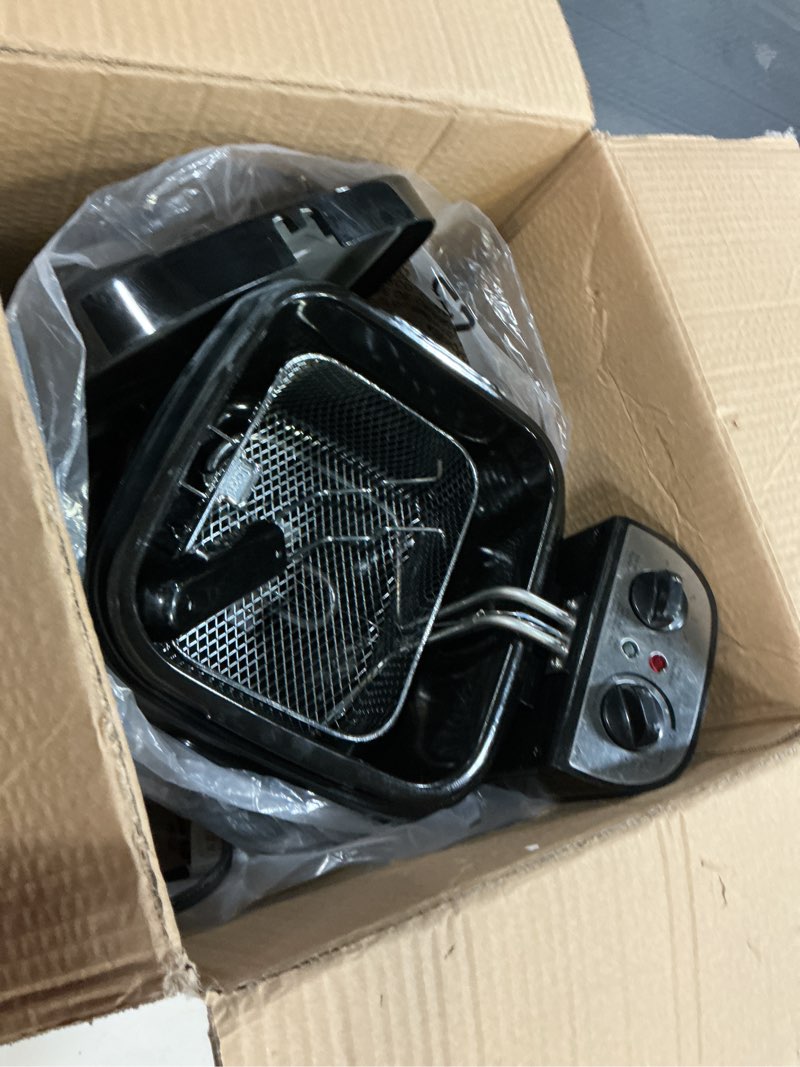 Condition photo showing As Is for amazon basics 2.1-qt (2.0l) electric deep fryer with 8-cup oil capacity, timer, adjustable temperature, easy draining basket, viewing window, 1500w, black 2.1-qt, black