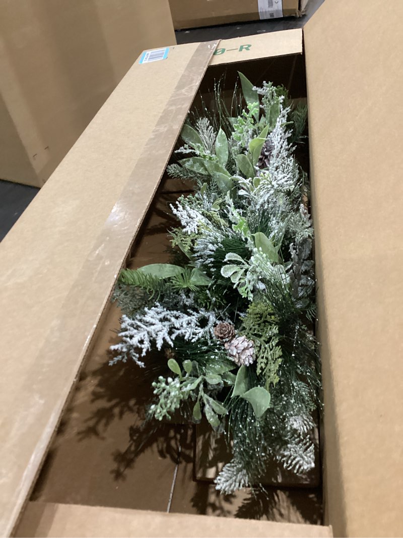 Condition photo showing As Is for Nearly Natural 26in. Holiday Flocked Winter Christmas Artificial Arrangement Cutting Board Wall Décor or Table Arrangement
