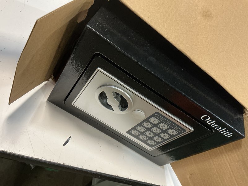 Condition photo showing Good Condition for small safe box for money, 0.23 cu ft mini money safe security lock box for home dorm use, digital home safes with keys & code for cash gun office hotel, 9.05" w x 6.69" d x 6.69" h (black)