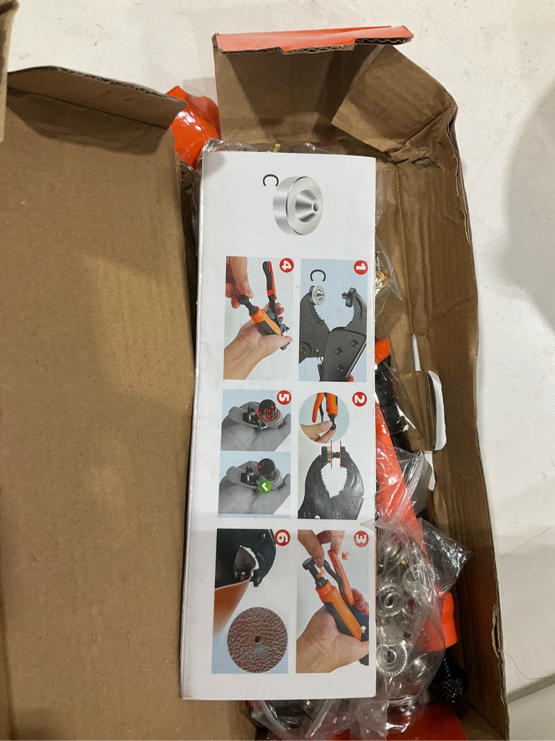 Condition photo showing Good Condition for heavy duty snap fastener tool, snap setter tool with 100 sets 4 color boat cover snaps, snap repair kit, repairing boat covers, canvas, fabric, tarps orange