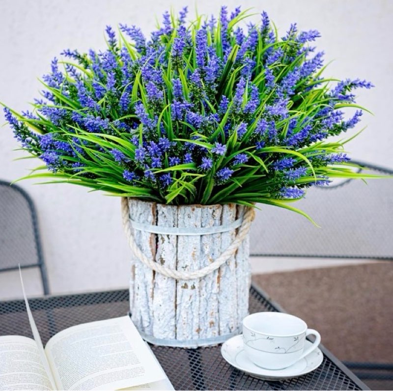 Artificial Flowers for Outdoors, Fake Lavender with Grass UV Resistant Plastic Faux Autumn Plants for Garden Thanksgiving Home Decor (Purple)