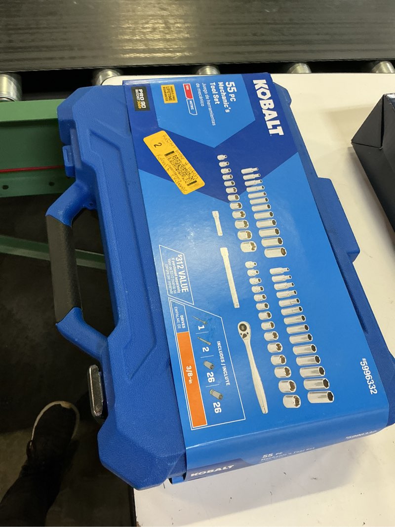 Condition photo showing As Is for kobalt 55-piece standard (sae) and metric polished chrome mechanics tool set with hard case