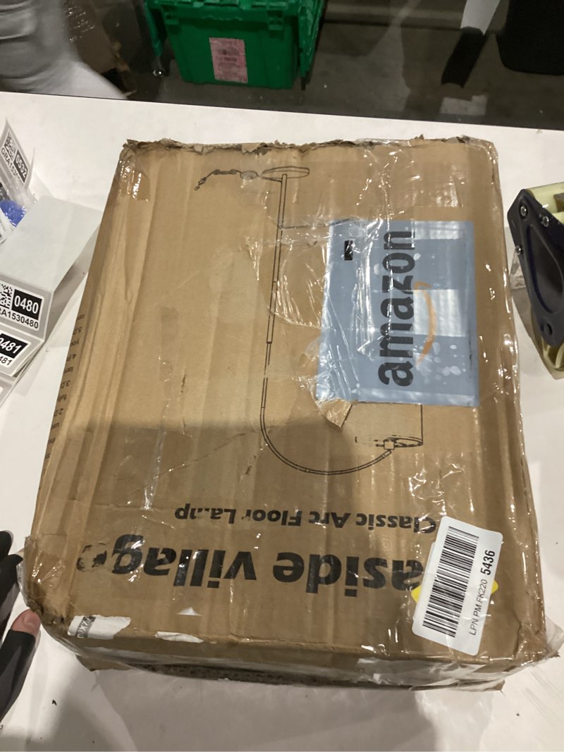 Condition photo showing As Is for Gold Floor Lamp, Arc Floor Lamp for Living Room with Adjustable Drum Lampshade, Modern Tall Standing Lamp with On/Off Foot Switch, Over Couch Arched Reading Light for Reading, Bedroom, Office