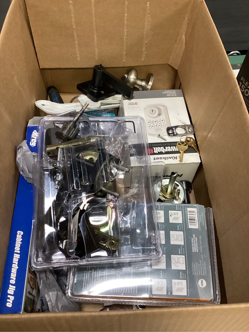 Condition photo showing As Is for title assorted home improvement lot (small tools, screw, home accessories, etc.) 