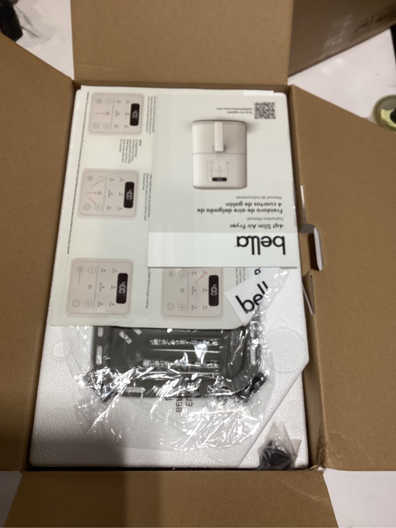 Condition photo showing New/Like New for bella 4Qt Slim Air Fryer, Fits-anywhere™ Kitchenware, EverGood™ Ceramic Nonstick Coating, Adjustable Temperature, 6 Preset Cooking Options, 60 Min Auto Shutoff w Audible Tone, 3.3lb Capacity, Oatmilk 4 QT Oatmilk