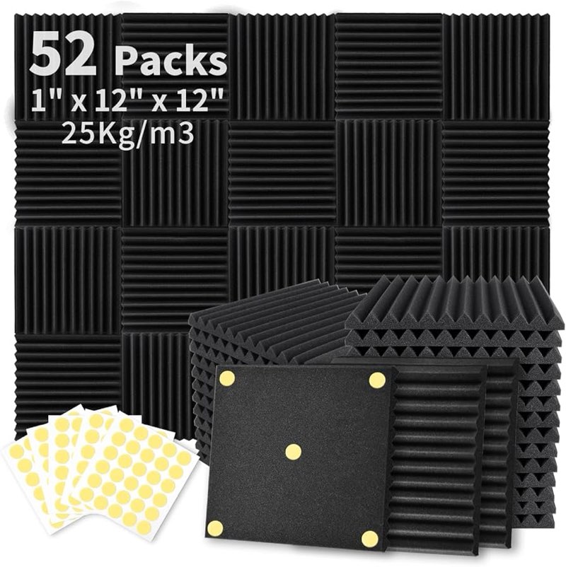 Focusound 52 Pack Acoustic Foam Panels 1" x 12" x 12" Sound Proof Foam Panles Soundproofing Noise Ca
