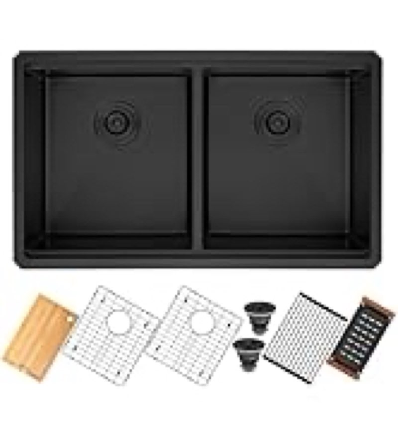 YetCrest 33 Inch Black Drop In Double Bowl Kitchen Sink - 50/50 Workstation 16 Gauge Stainless Steel